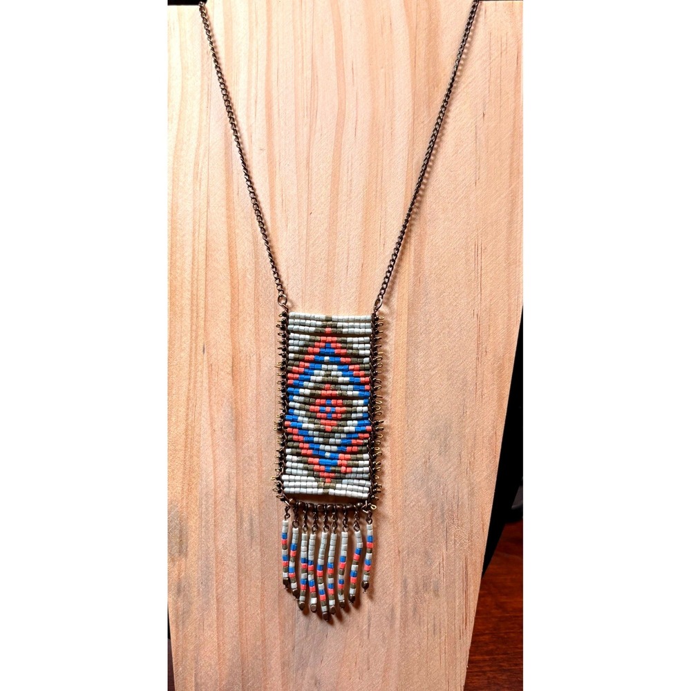 Southwestern Beaded Fringe Necklace Women's Blue Coral Boho Geometric Loom